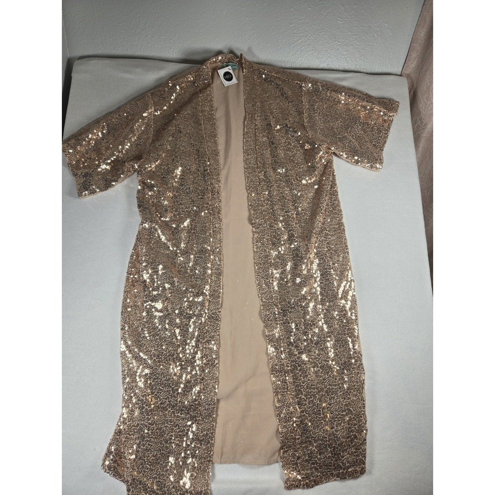 NWT Women's Rose Gold Sequin Short Sleeve Cardigan Open Front One Size